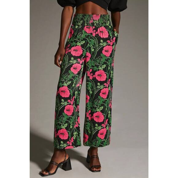 Anthropologie Maeve Saria Smocked Wide-Leg Floral Black Pants Size S - Picture 3 of 12
